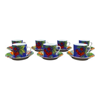 Mid 20th Century Laure Japy Paris Limoges Jardin Bleu Fruit Demitasse Cup & Saucer Set- 14 Pieces For Sale