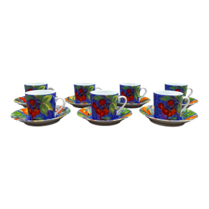 Mid 20th Century Laure Japy Paris Limoges Jardin Bleu Fruit Demitasse Cup & Saucer Set- 14 Pieces