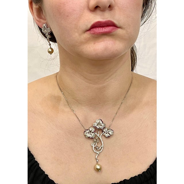 Pearl Ruby and Diamond Necklace and Earrings 18 Karat White Gold, Suite, Estate For Sale - Image 12 of 18
