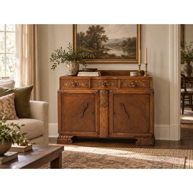 Jacobean Vintage Tudor Revival Carved Oak Buffet Server / Sideboard For Sale - Image 3 of 7