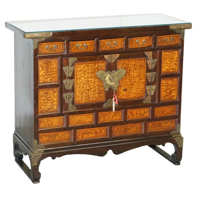 Antique Chinese Burr Elm & Brass Engraved Sideboard For Sale
