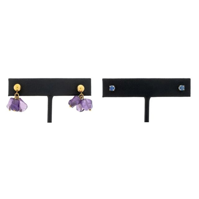 Gold 14k Gold Amethyst Drops & Blue Spinel Studs Set For Sale - Image 8 of 8
