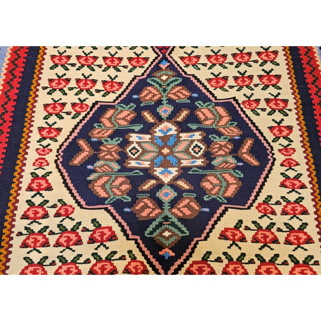 Vintage Persian Senneh Kilim Area Rug, Handwoven Wool, Floral Pattern, Ivory & Blue, 3x6 For Sale - Image 11 of 15