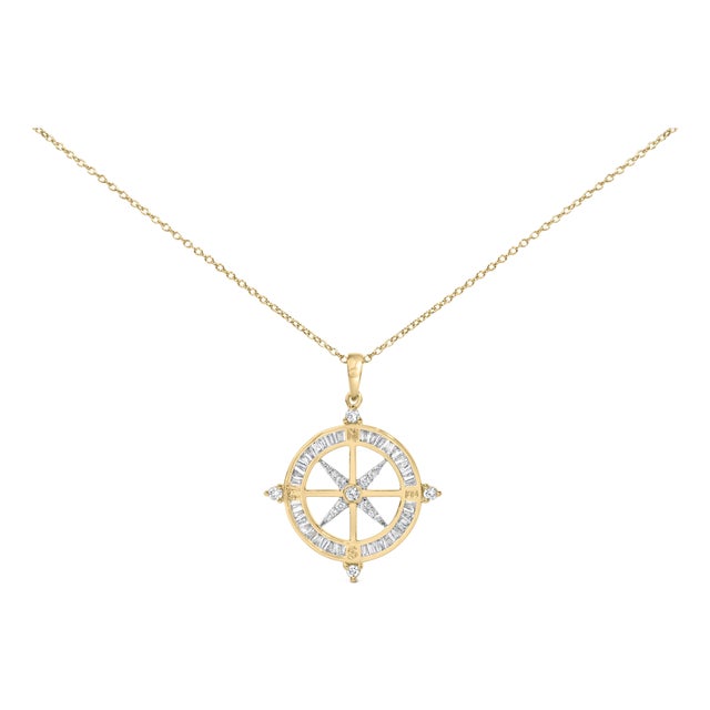 14K Yellow Gold Plated Sterling Silver 3/4 Cttw Diamond Compass Medallion Pendant Necklace For Sale