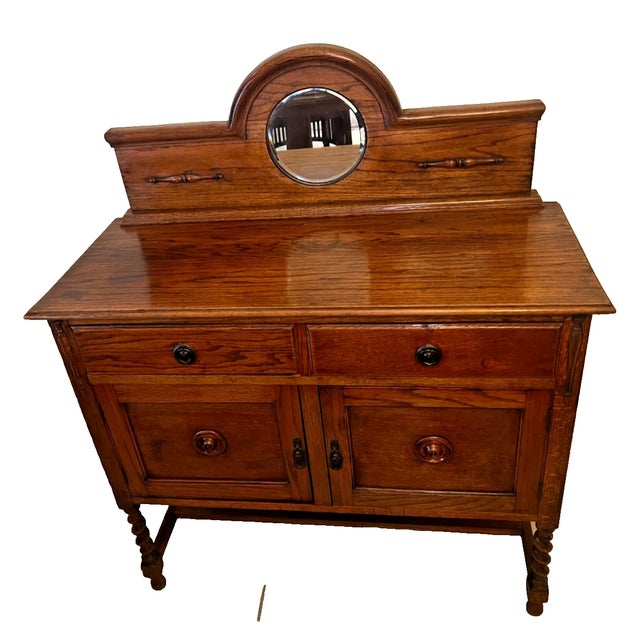 Gorgeous Antique Barley Twist Leg Oak Server Cabinet, Sideboard Buffet with Two lower cabinets, Two Dovetail jointed...