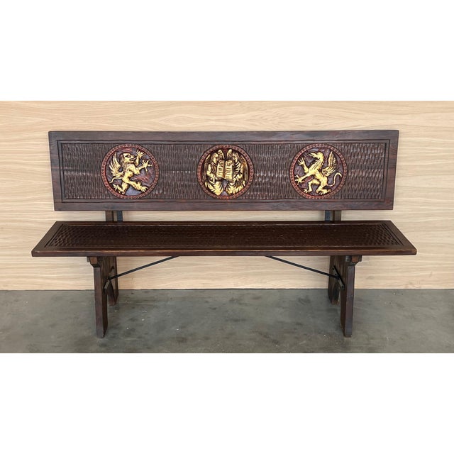 20th Century Spanish Renaissance Carved Walnut Bench Banquette "Escaño" For Sale - Image 18 of 18