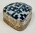 Vintage Chinese porcelain Shard box with blue and white floral pattern to top and stamped design to metal base. Age wear.