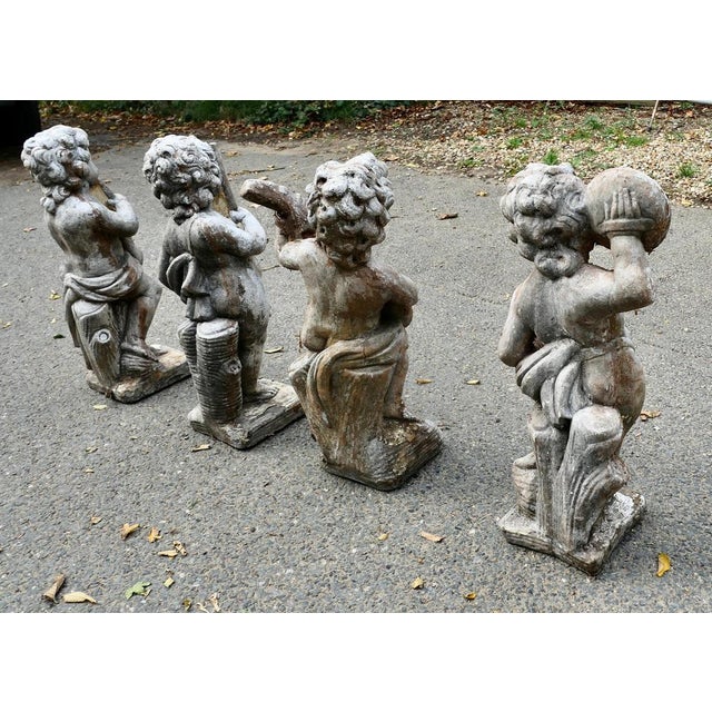 Weather Worn Cherub Statues with Instruments, 1920, Set of 4 For Sale - Image 9 of 10