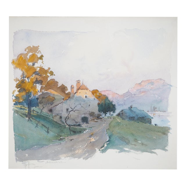 René Leverd, Switzerland, Sunset Over Bouveret, Watercolor For Sale