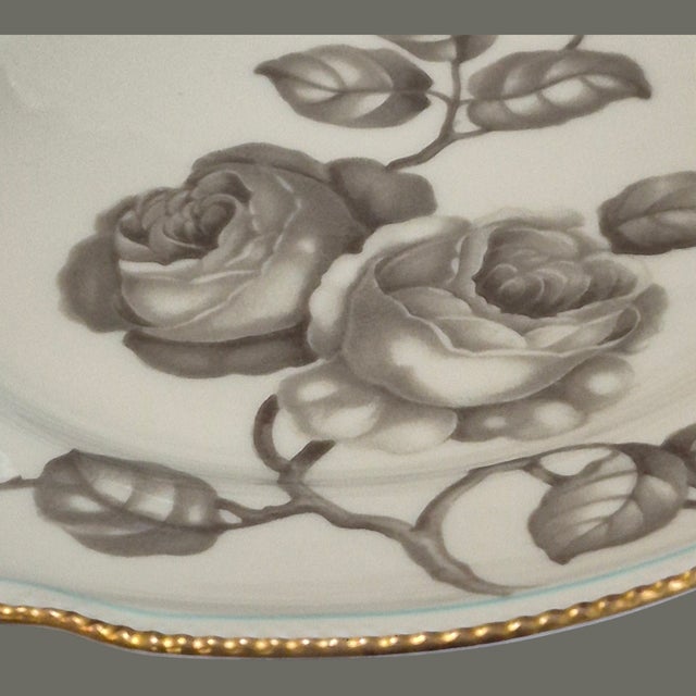 Castleton - USA Mid 20th Century A Pair of Luncheon Plates Castleton Gloria Porcelain Taupe Roses Blue Band 22Kt Gold Trim For Sale - Image 4 of 6