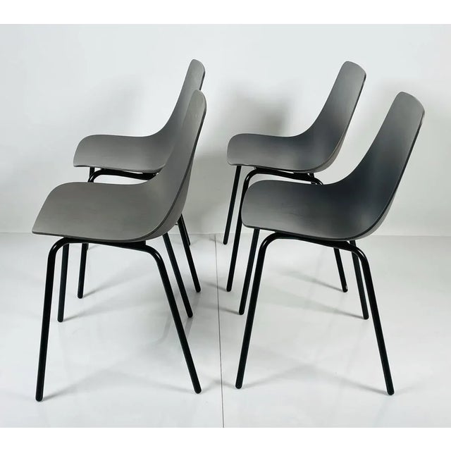 Modern Set of 4 Blu Dot and Clean Cut Collection Modern Chairs With Molded Seats and Black Metal Frames For Sale - Image 3 of 13