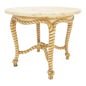 Round Marble Top Carved Wood "Rope & Knots" Legs Base Center Lamp Table Stand