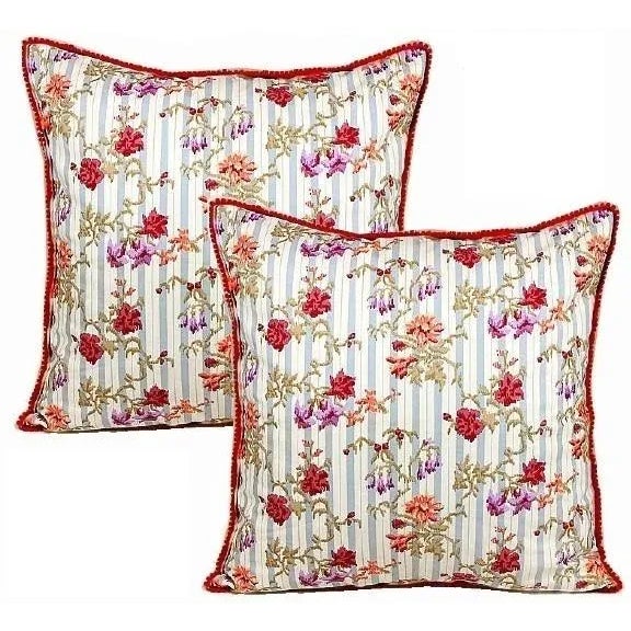 Vintage 1980s Jane Churchill Floral Stripe Pillow Cover With Pom Pom Trim For Sale - Image 4 of 12