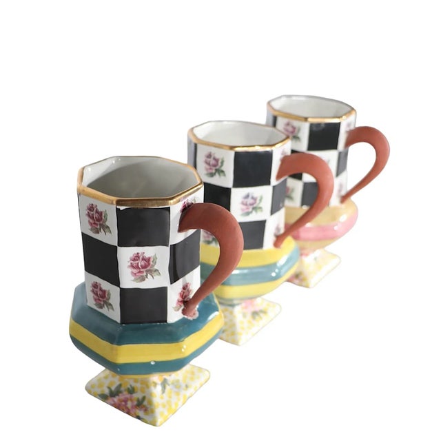 Sculpture Materials Group of Three Pedestal Coffee Tea Mugs by McKenzie Childs C 1995 For Sale - Image 7 of 12