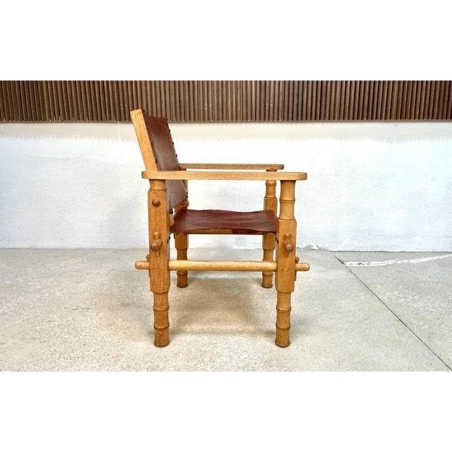 Brutalist South American Brutalist Leather & Oak Safari Chair, Colombia, 1960s For Sale - Image 3 of 13