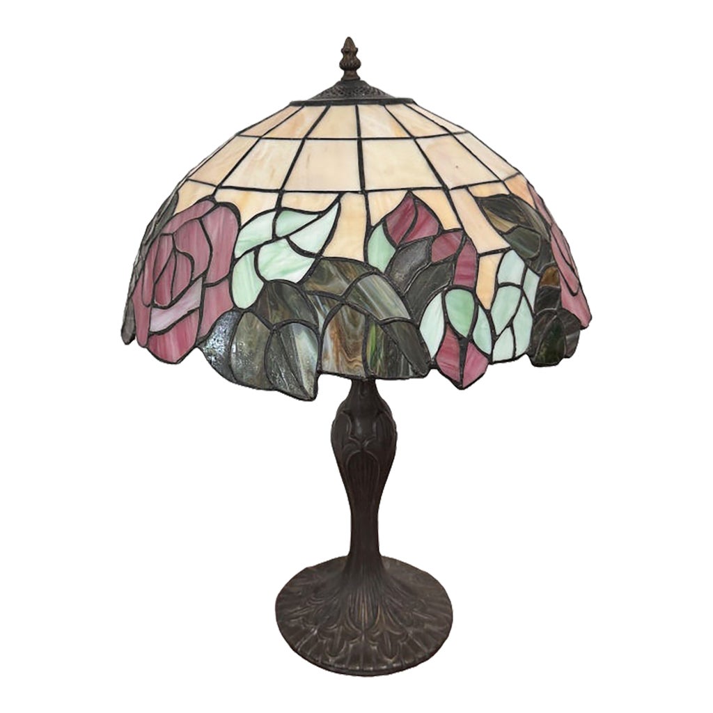 Vintage Art Nouveau Style Rose Stained Glass Desk or Table Lamp