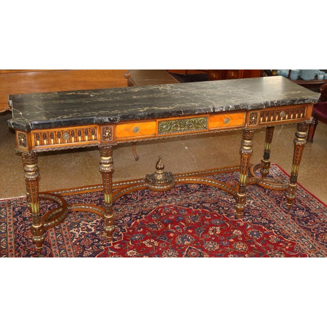1920s French Louis XVI Style Marble Top Inlaid Satinwood & Walnut Buffet Sideboard For Sale - Image 10 of 18