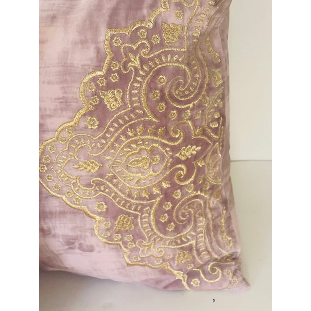 Shabby Chic Pair of Blush Pink Velvet With Gold Embroidery Lumbar Pillows Feather Down Inserts For Sale - Image 3 of 4