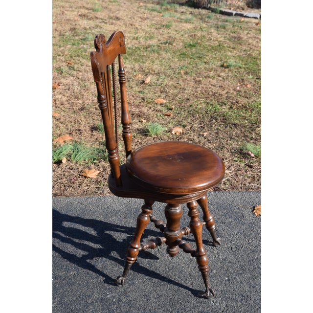 1920s Antique Swivel Adjusting Seat Piano/Vanity Chair With Glass Ball & Claw Feet For Sale - Image 4 of 10