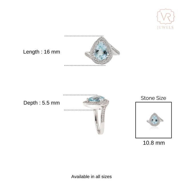 2.07Ct Pear-Cut Aquamarine Diamond Cluster Ring in 18k White Gold Size 5.5 For Sale - Image 12 of 16