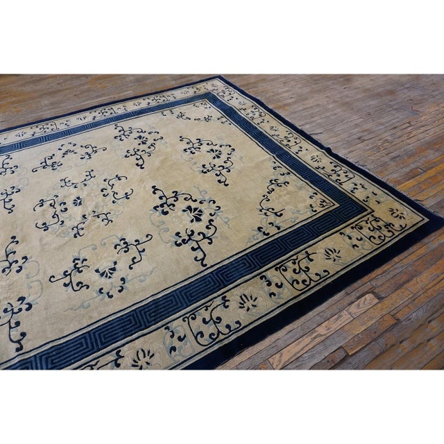 1890s Beige Classic Greek Key Allover Medallion Antique Chinese Peking Wool Rug For Sale - Image 4 of 9