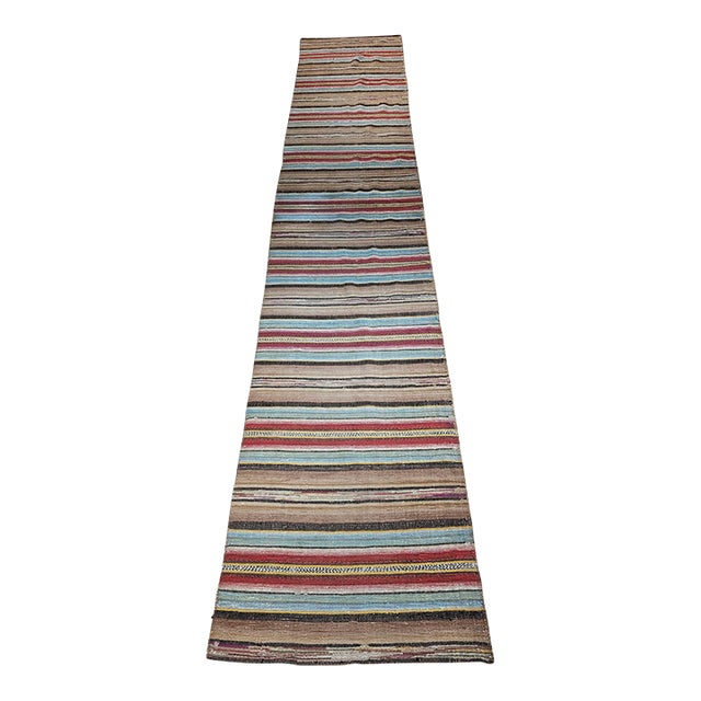 Antique American Amish Rag Runner, Handwoven Wool & Cotton, Stripe Pattern, 3x15 For Sale