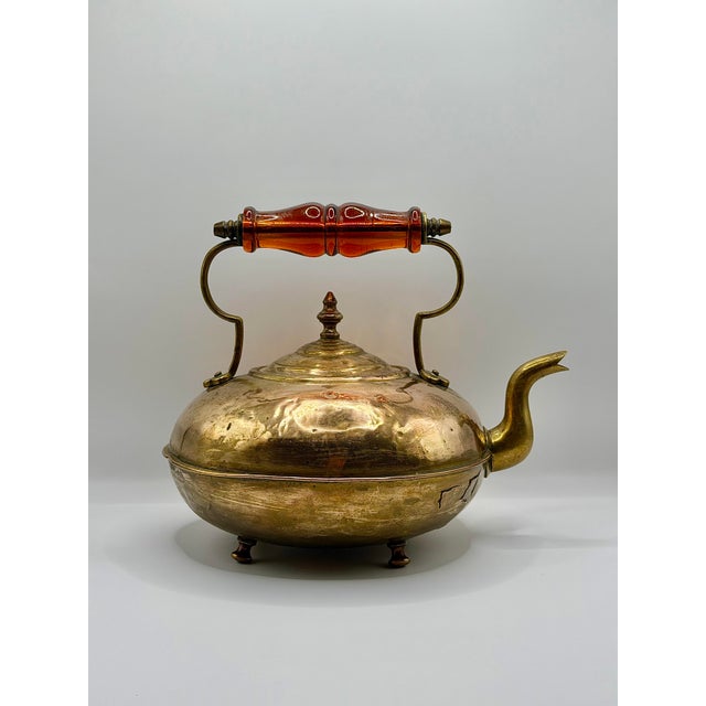 Gothic Antique JCB James Clews Brass Toddy Kettle With Amber Handle For Sale - Image 3 of 8