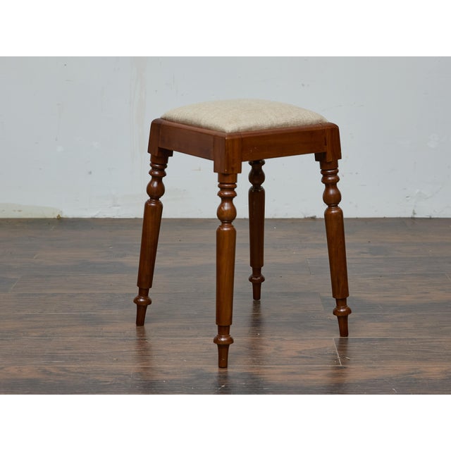 19th Century English Mahogany Stool with Turned Legs and Upholstered Seat For Sale - Image 11 of 12