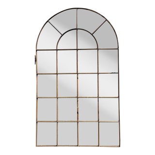 Vintage Monumental Arched Wrought Iron Mirror With Patinated Mullion Detail For Sale