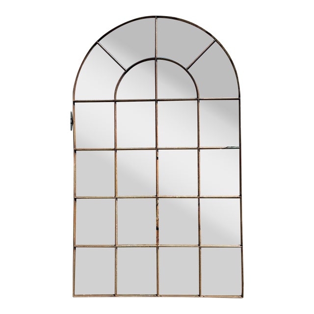 Vintage Monumental Arched Wrought Iron Mirror With Patinated Mullion Detail For Sale