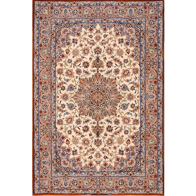 1940s Ivory Medallion Antique Persian Isfahan Rug Silk Highlights 3'8" X 5'5" Knotted Pile Carpet For Sale - Image 15 of 18