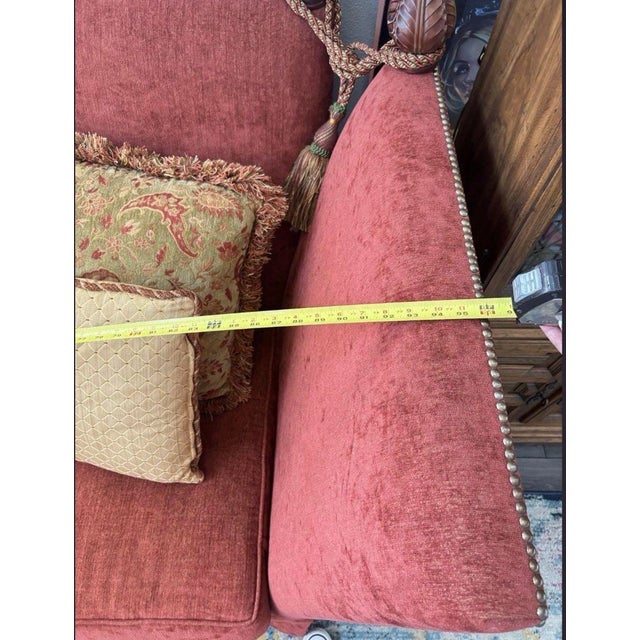 Textile Vintage Rust Red Wingback Settee Sofa With Nailhead Trim & Carved Finials For Sale - Image 7 of 12