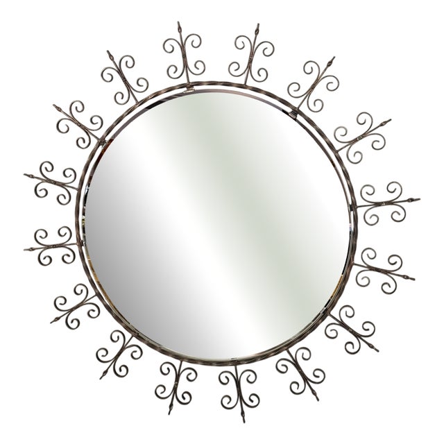 Large Round Wrought Iron Wall Mirror, 1960s For Sale