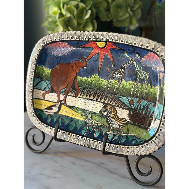 African 2005 Signed Penzo African Wildlife Ceramic Platter For Sale - Image 3 of 11