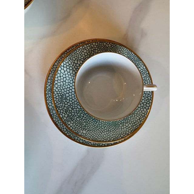 French Late 20th Century Puiforcat “Galuchat” Limoges Celadon & Gold Tea Set (Cup, Saucer & Dessert Plate) - 3pcs For Sale - Image 3 of 3