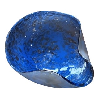 Mid 20th Century Murano Attributed Blue Art Glass Bowl / Catchall Lattimo Base With Copper Aventurine in Cobalt Blue For Sale