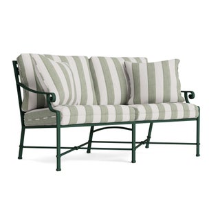 Brown Jordan Venetian Loveseat in Forest Green with Forest Stripe Cushions For Sale