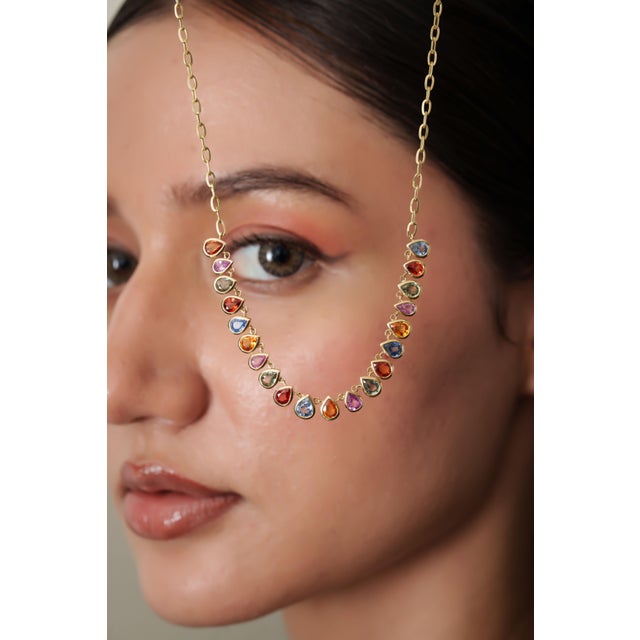 Bezel Set 7.13ct Rainbow Sapphire Contemporary Necklace in 14k Gold For Sale - Image 9 of 16