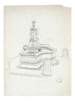 Paul Garin, the Fountain, 1950s, Original Charcoal Drawing on Paper