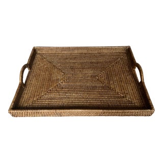 Contemporary Artifacts Honey Brown Woven Rattan Tray For Sale
