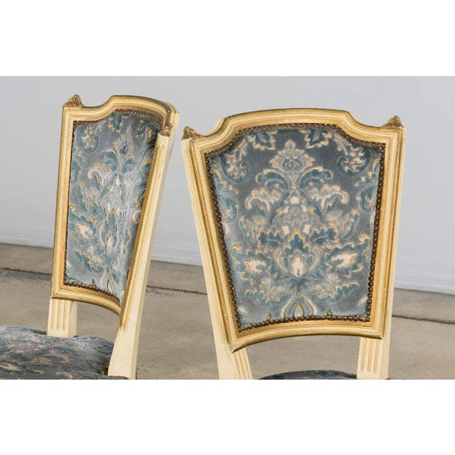 Antique French Louis XVI Style Painted Side Chairs W/ Blue Velvet Damask – A Pair For Sale - Image 16 of 18