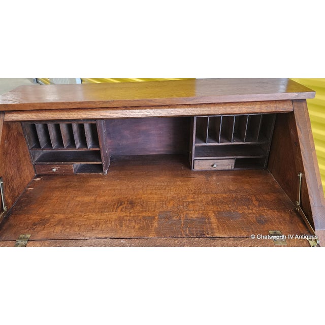 Antique Mission Arts & Crafts Craftsman Style Quartered Oak Slant Top Desk, 1910 For Sale - Image 13 of 14