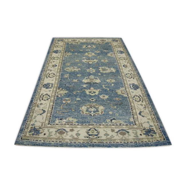 Early 21st Century Early 21st Century Blue Floral Design Handwoven Wool Turkish Oushak Rug 5'2" X 8'3" For Sale - Image 5 of 7