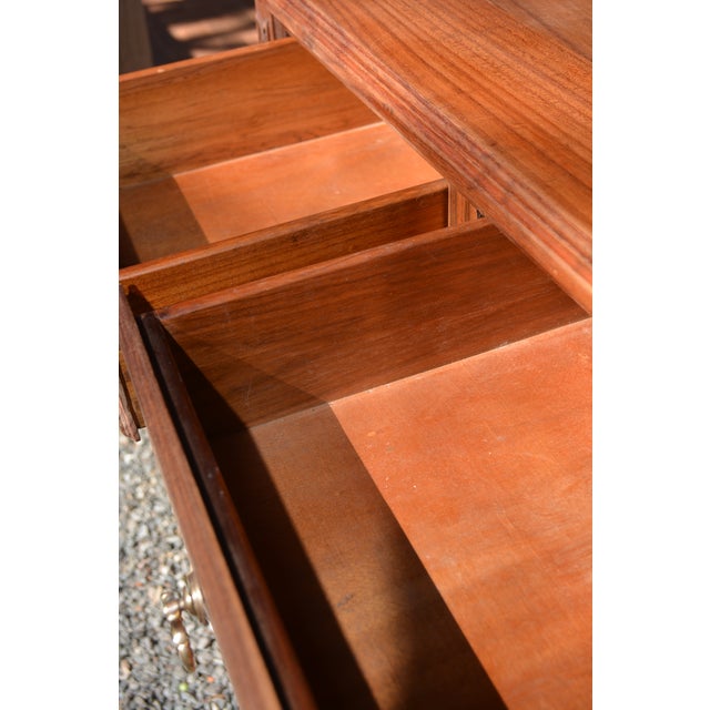 1980s Vintage Wooden English Tall Legged Cabinet or Desk W/ 3 Drawers & Carving For Sale - Image 10 of 12