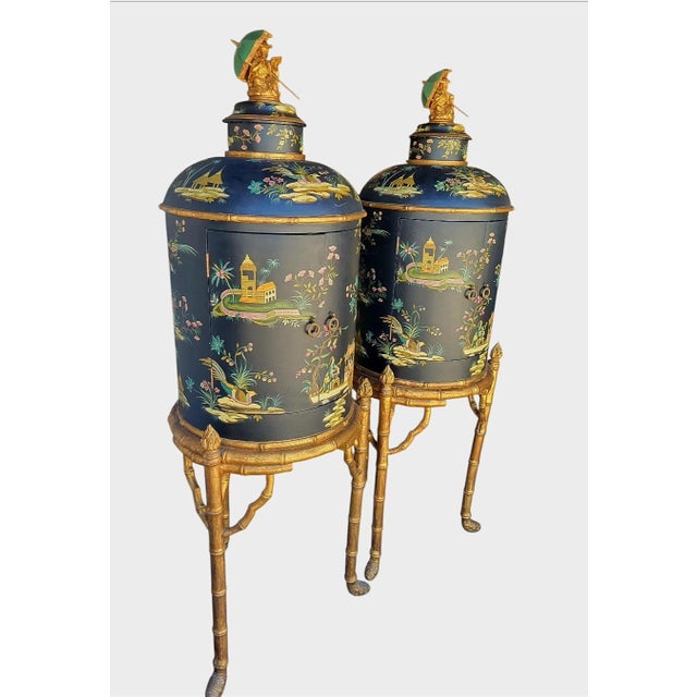 Black 1980s Monumental Chinoiserie Hollywood Regency Handpainted Tea Caddy Shaped Faux Bamboo Dry Bar Storage Cabinets- A Pair For Sale - Image 8 of 16