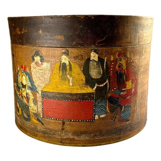 Antique Chinese Painted Bentwood Storage Box W/ Figural Scene For Sale