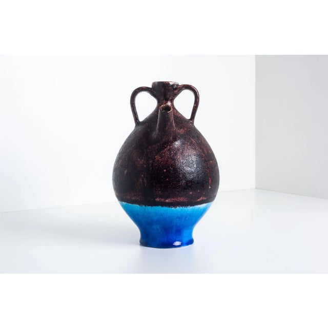 Guido Gambone Two-Handled Spouted Pitcher 1955: Blue, Brown Glazed Stoneware, signed 'GAMBONE ITALY' with donkey mark on...
