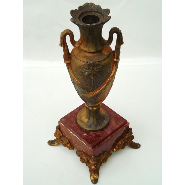 Neoclassical Antique Neoclassical Gilt Spelter Urn / Amphora Vase on Red Marble Base For Sale - Image 3 of 9