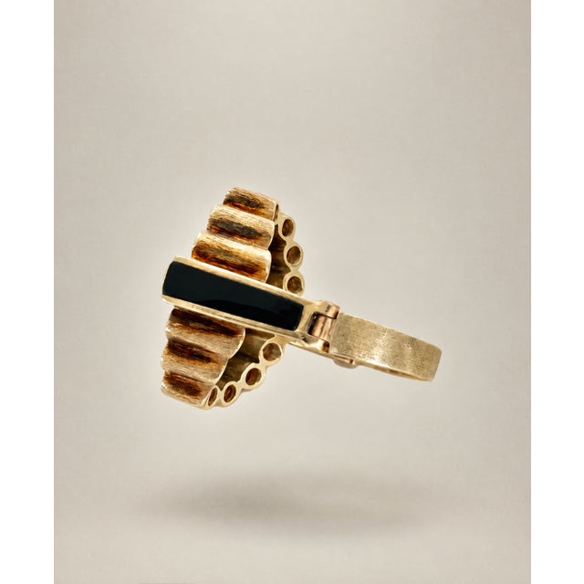 Brilliant Bezel Set Diamond and Onyx Vintage 14k Yellow Gold Ring Hinged Shank, Size 6 For Sale - Image 4 of 6
