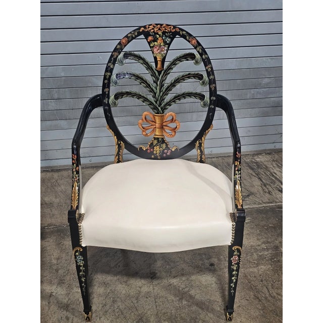 Hepplewhite Late 20th Century Pair of Karges Hepplewhite Plum Arm Chairs Ebonized, Carved Hand Painted Leather Fabric For Sale - Image 3 of 11